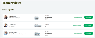 Screenshot: Team reviews page for a manager in WX