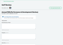 Screenshot: A team member's self review open for editing