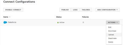 Screenshot: Selecting Actions > Upload for the Salesforce connection