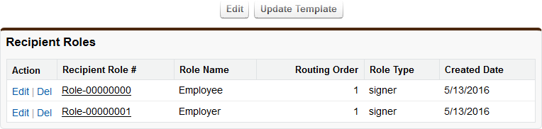 Screenshot: Recipient Roles related list for a DocuSign Template