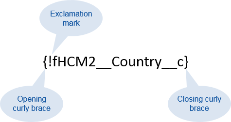 Illustration: Merge fields outside formulas need to be surrounded by curly brackets and have an exclamation mark before the API name