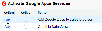 Screenshot: Selecting Edit for the Add Google Docs to salesforce.com service