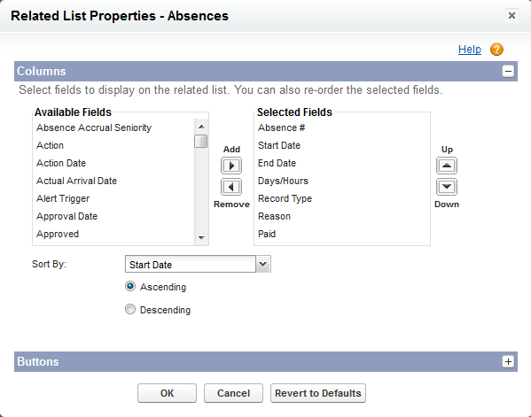 Screenshot: Related List Properties dialog