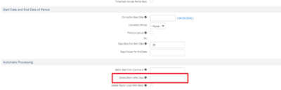 Screenshot: Delete Batch After Days field highlighted in the Automatic Processing section