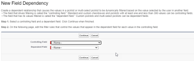 Screenshot: New Field Dependency screen where you select the controlling and the dependent field