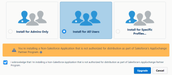 Screenshot: Options and warning on the install package page