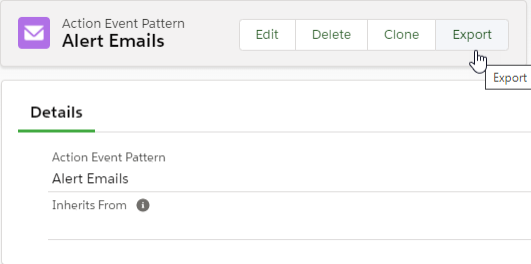 Screenshot: Export button on an Action Event Pattern details page