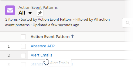 Screenshot: Selecting an Action Event Pattern from a list view