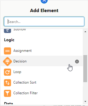 Screenshot: Selecting Decision from the Add Element dialog