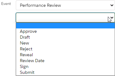 Screenshot: Event picklists on a New Action Event page
