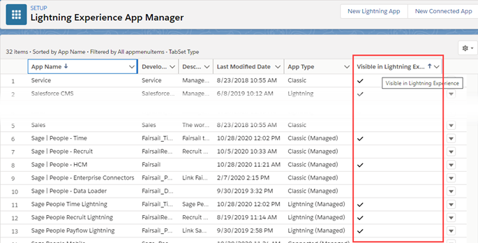 Screenshot Higlighting the Visible in Lightning Experience column in the App Manager