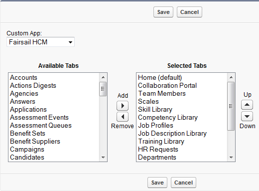 Screenshot: Customize My Tabs page showing Available and Selected tabs