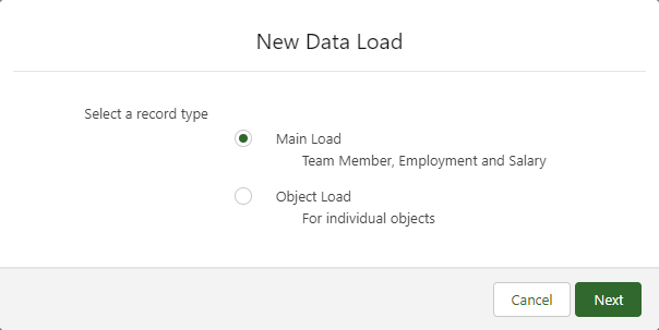 Screenshot: Selecting a record type for a new data load