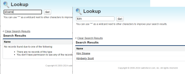 Screenshot: Lookup field search example with and without results