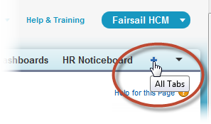 Screenshot: A circle around and the cursor pointing to the + button in Salesforce Classic Tab ba