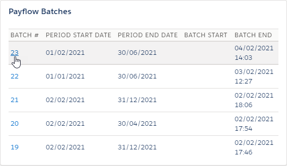 Screenshot: Selecting the Batch number for a Payflow Batch