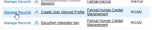 Screenshot: Selecting Manage Records for the Custom Metadata Type Create User Allowed Profile