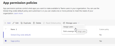 Screenshot: Teams admin center - assign permission policy to users