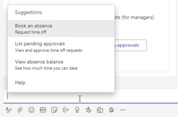Screenshot: suggested commands in the Teams chatbot