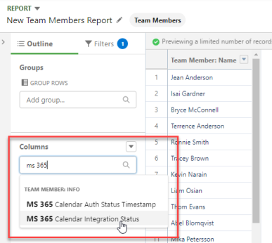 Screenshot: add fields to the report