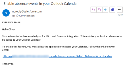 Screenshot: Calendar integration enrollment email in Microsoft Outlook