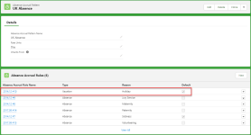 Screenshot: absence accrual pattern showing default vacation rule