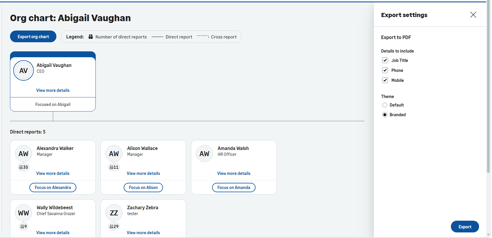 Export chart button with filters.