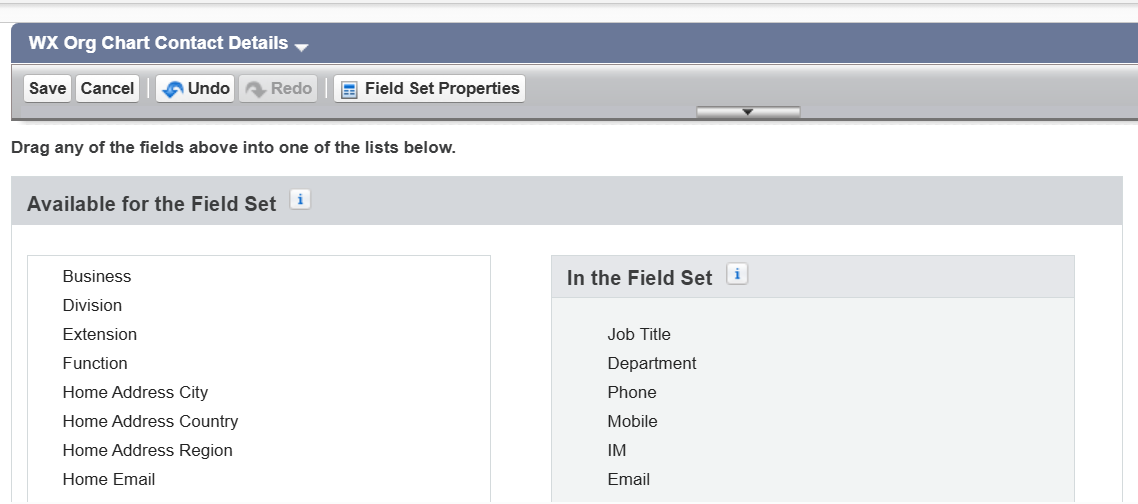 Selectable fields for Org Chart card display.