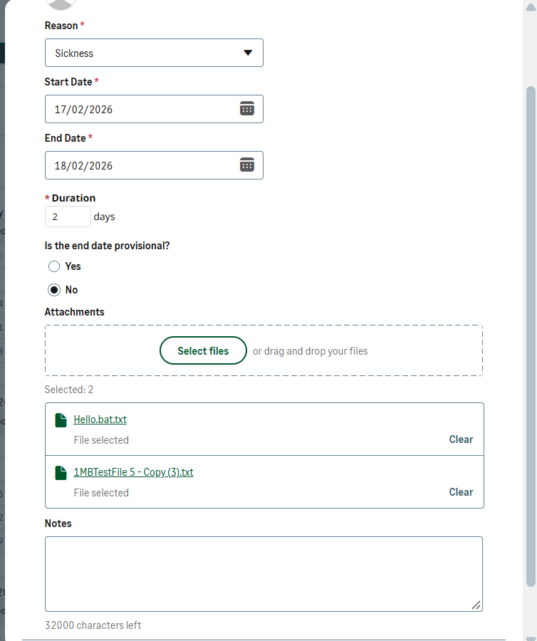 Add multiple files to Time Off.