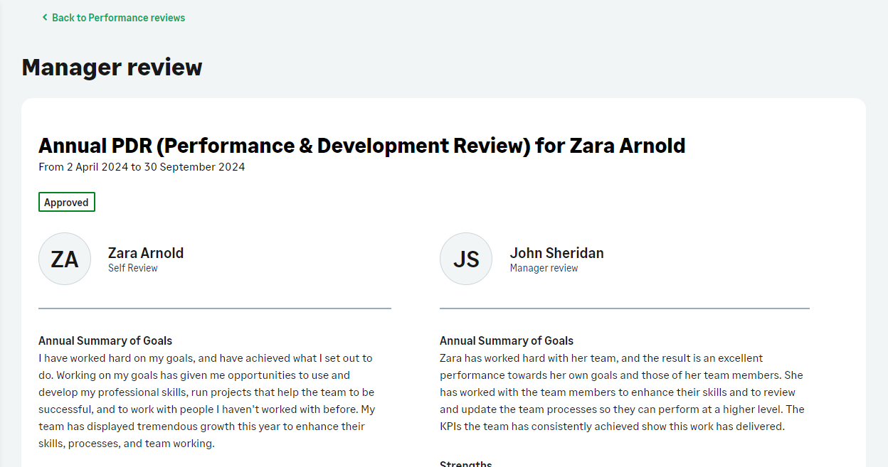 Team member's self review and manager review side by side for the manager