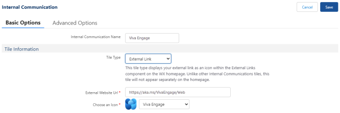 Screenshot: create an External Link Internal Communication