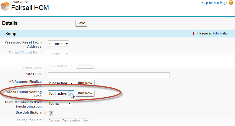 Screenshot: Stock Option Vesting Time option on HCM package configuration page