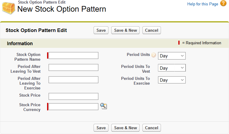 Screenshot: Stock Option Edit page for a new stock option