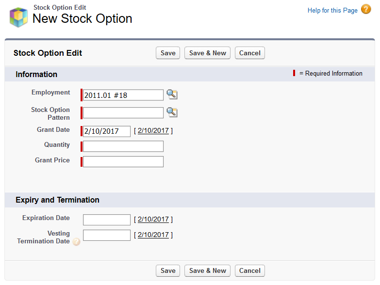 Screenshot: New Stock Option page