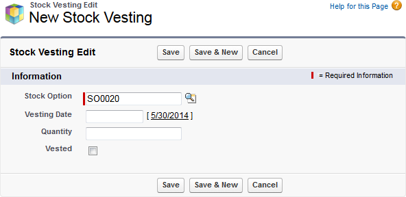 Screenshot: Stock Vesting Edit page