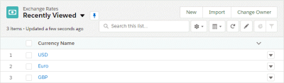 Screenshot showing Exchange Rates list view
