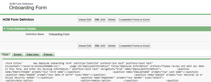 Screenshot: form definition details page