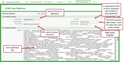 Screenshot: HCM form definition, annotated