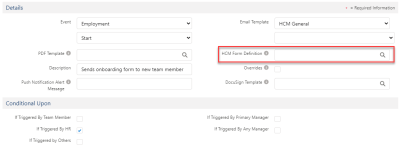 Screenshot: action event patterns tab, select HCM form definition 