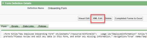 Screenshot: form definition page, XML edit button