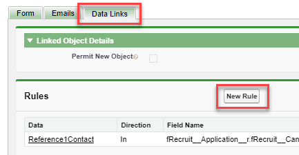 Screenshot: form definition page, data links tab, new rule