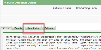 Screenshot: form definition page, data links tab