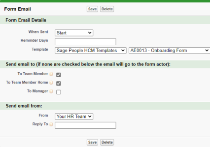 Screenshot: form definition details page, emails tab