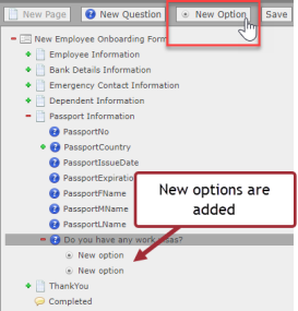 Screenshot: adding options to the question