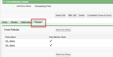 Screenshot: form definition page, policies tab