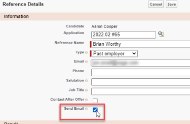 Screenshot: edit reference page, select send email