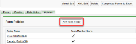 Screenshot: HCM form definition, new form policy button