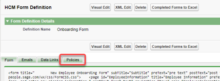 Screenshot: HCM form definition, policies tab