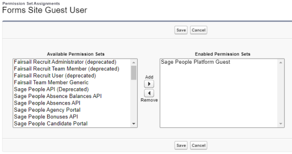 Screenshot: select the Site Guest User Permission Set for the forms site