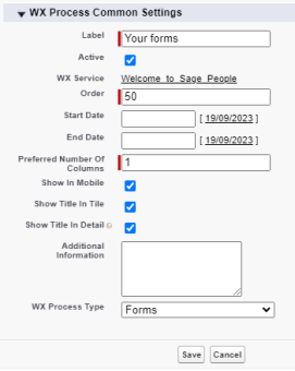 Screenshot: creating a WX process for forms